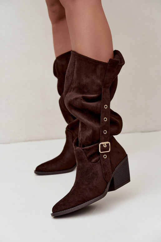 gekruiste dames lange laarzen in cowboystijl met riemen en hakken in CzekoladoĮe Adria