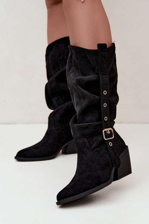gekruiste dames lange laarzen in cowboystijl met riemen en hakken in zwart Adria