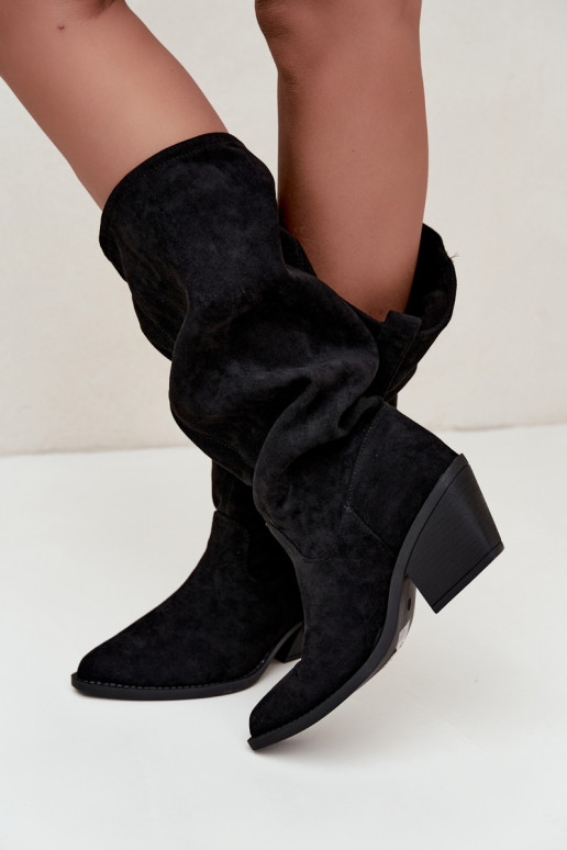 gekruiste dames lange laarzen in cowboystijl met riemen en hakken in zwart Adria