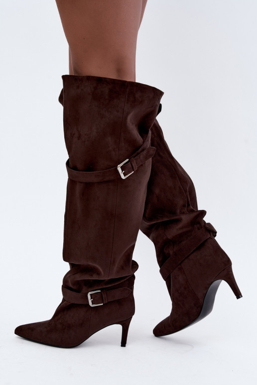 Over-the-knee hakken laarzen met riemen en gespen in chocoladekleur Tai turibel