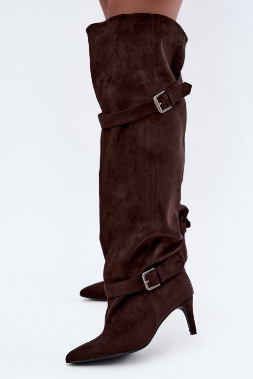 Over-the-knee hakken laarzen met riemen en gespen in chocoladekleur Tai turibel