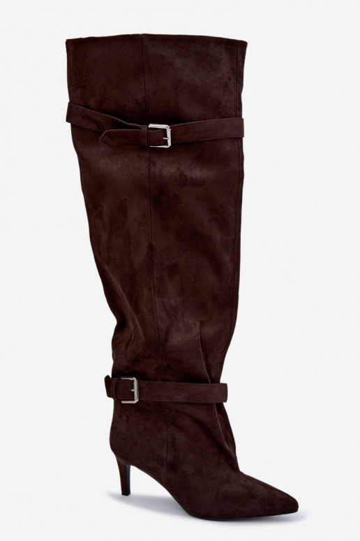 Over-the-knee hakken laarzen met riemen en gespen in chocoladekleur Tai turibel