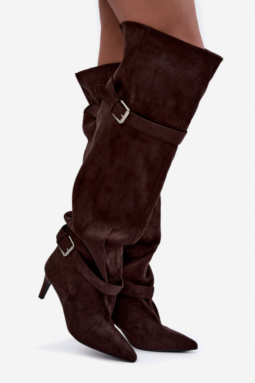 Over-the-knee hakken laarzen met riemen en gespen in chocoladekleur Tai turibel