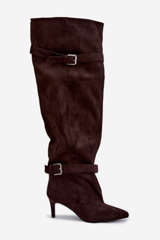 Over-the-knee hakken laarzen met riemen en gespen in chocoladekleur Tai turibel
