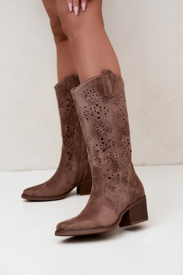 Garena bruine cowboy-stijl lange laarzen met uitsparingen 2