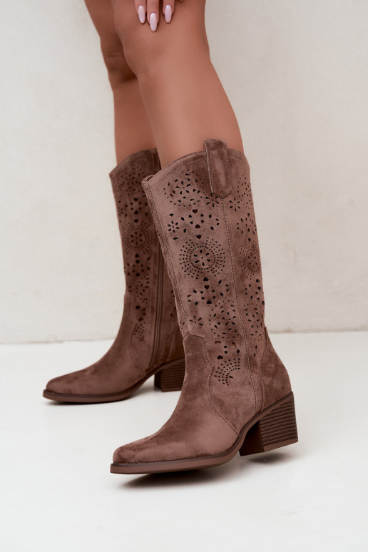 Garena bruine cowboy-stijl lange laarzen met uitsparingen
