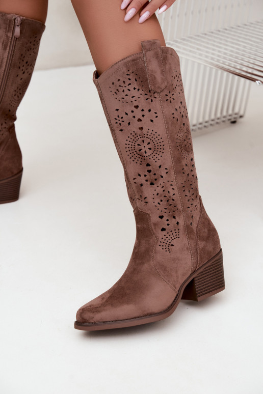 Garena bruine cowboy-stijl lange laarzen met uitsparingen