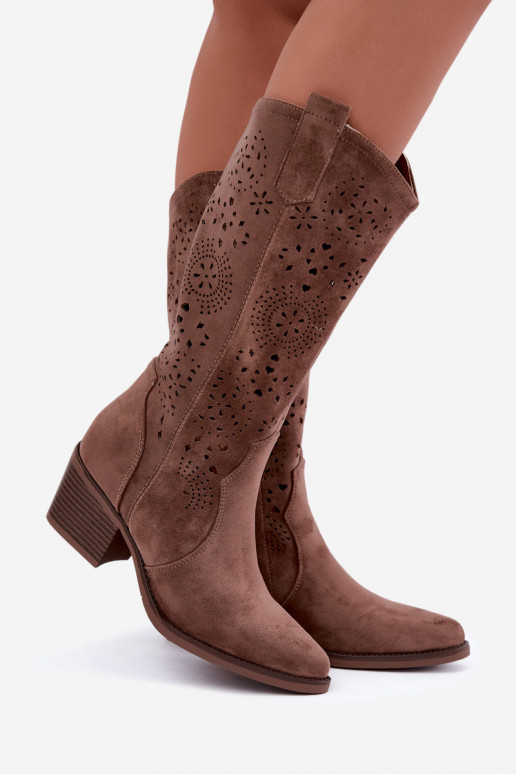 Garena bruine cowboy-stijl lange laarzen met uitsparingen