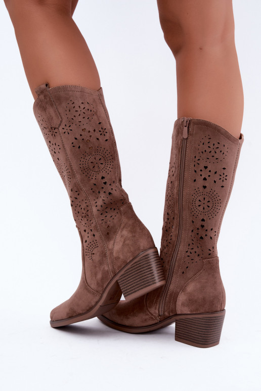 Garena bruine cowboy-stijl lange laarzen met uitsparingen