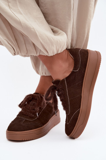 Faux suede sneakers met bont en veters Kobbo 79655 chocolade