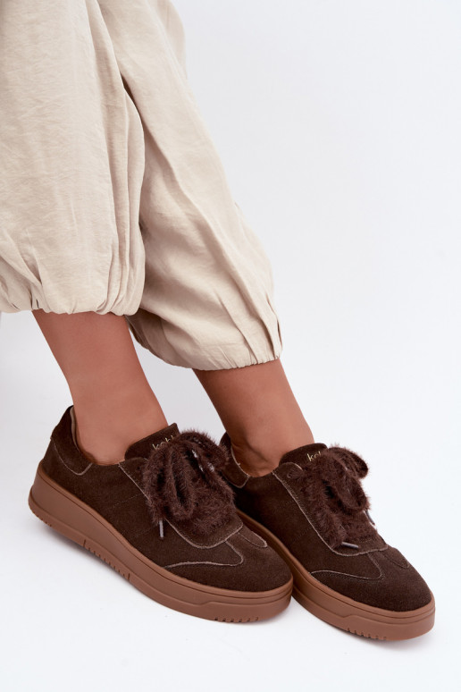 Faux suede sneakers met bont en veters Kobbo 79655 chocolade
