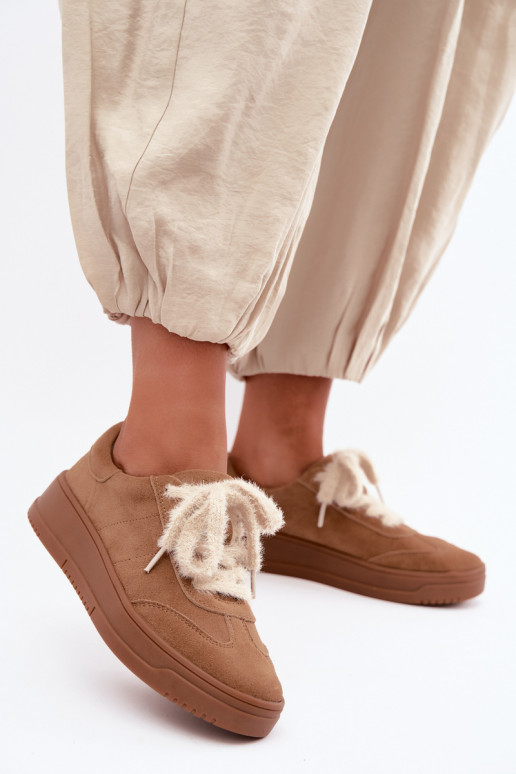 Faux suede sneakers met bont en veters Kobbo 79655 bruin