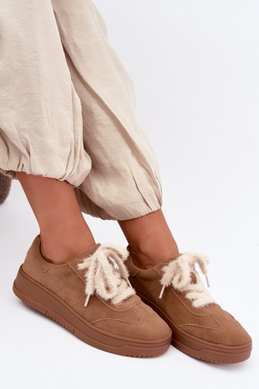 Faux suede sneakers met bont en veters Kobbo 79655 bruin