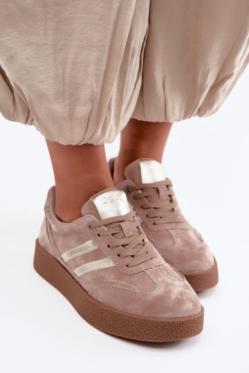 Leren dames sneakers met platform D&A LR62-7107 zandkleurig
