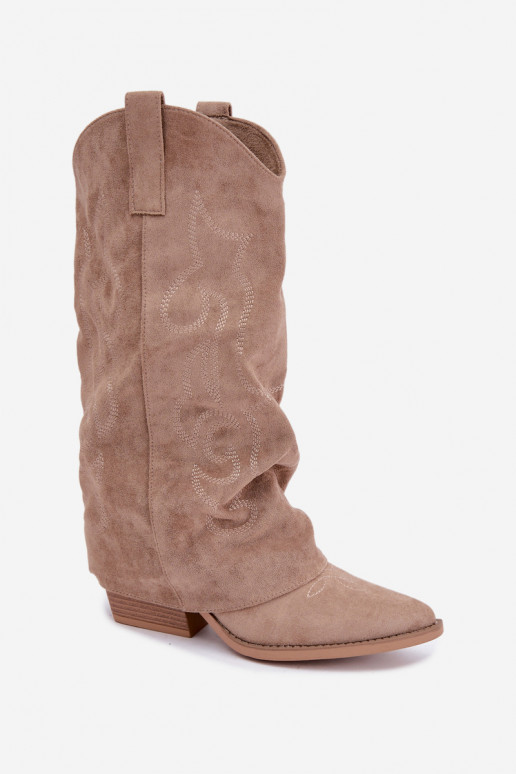 Gekreukelde cowboy-stijl lange laarzen met hakken en gestikte schacht zandkleurig Ives