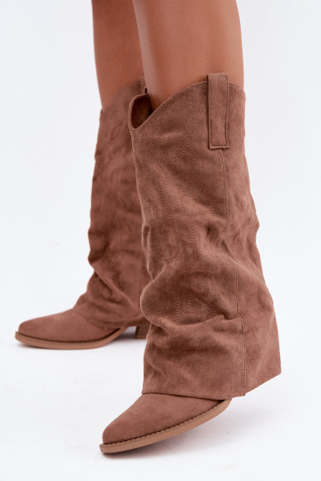 Gekreukelde cowboy-stijl lange laarzen met hakken en gestikte schacht bruin Ives 2