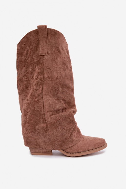 Gekreukelde cowboy-stijl lange laarzen met hakken en gestikte schacht bruin Ives
