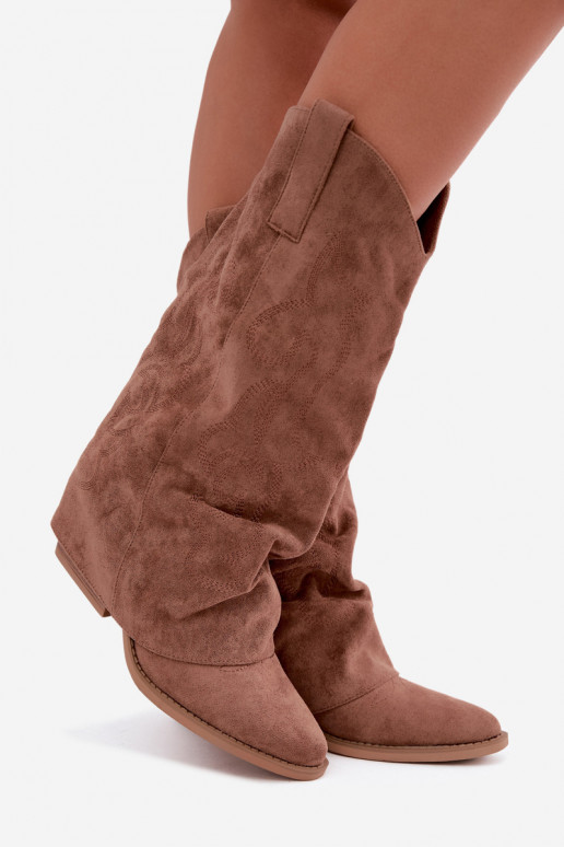 Gekreukelde cowboy-stijl lange laarzen met hakken en gestikte schacht bruin Ives
