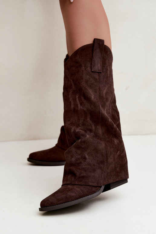 Gekreukelde cowboy-stijl lange laarzen met hakken en gestikte schacht chocolade Ives