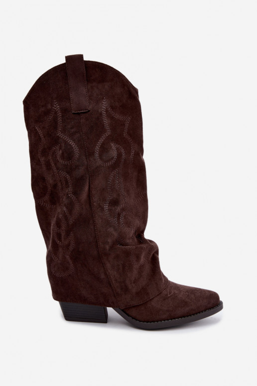 Gekreukelde cowboy-stijl lange laarzen met hakken en gestikte schacht chocolade Ives