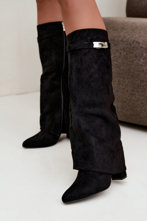 Warme dames lange laarzen met gestikte schacht en hakken zwart Salia