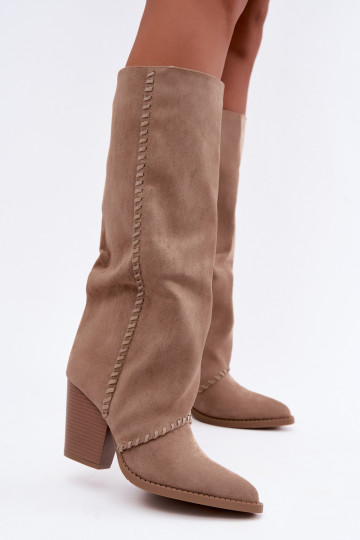 Dames cowboy-stijl lange laarzen met blokhak zandkleurig Noeline