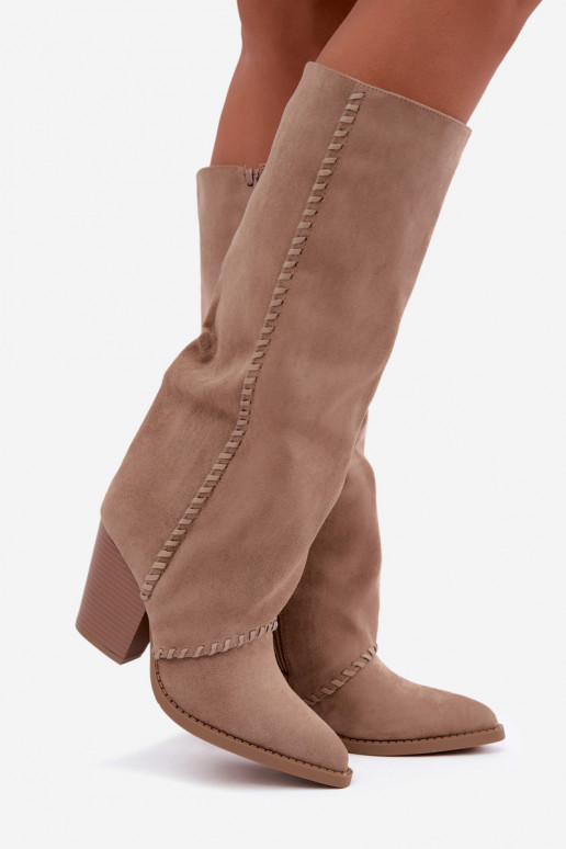 Dames cowboy-stijl lange laarzen met blokhak zandkleurig Noeline
