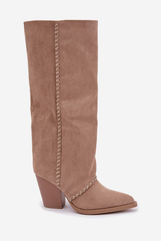 Dames cowboy-stijl lange laarzen met blokhak zandkleurig Noeline