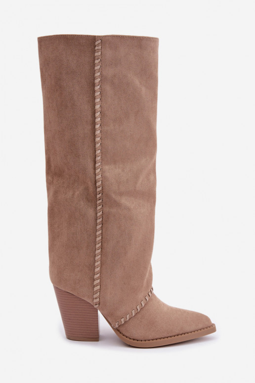 Dames cowboy-stijl lange laarzen met blokhak zandkleurig Noeline