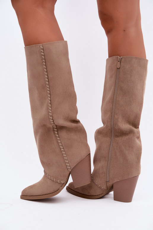 Dames cowboy-stijl lange laarzen met blokhak zandkleurig Noeline