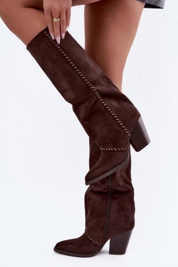 Dames cowboy-stijl lange laarzen met blokhak chocolade Noeline