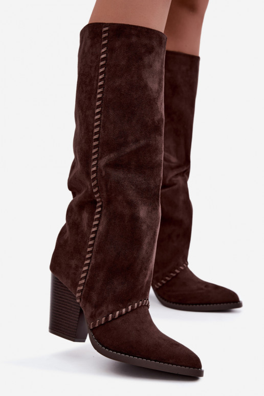 Dames cowboy-stijl lange laarzen met blokhak chocolade Noeline