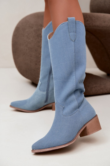 Dames cowboy-stijl kniehoge laarzen met hak van denim Zareya
