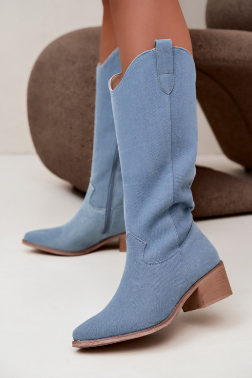 Dames cowboy-stijl kniehoge laarzen met hak van denim Zareya