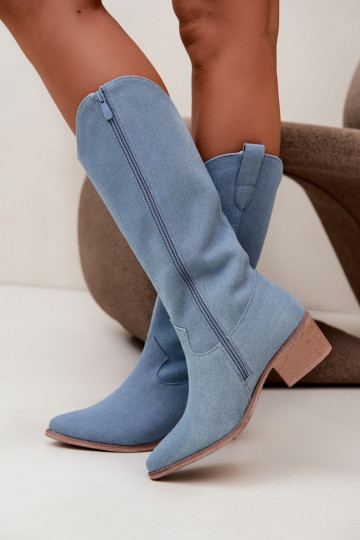 Dames cowboy-stijl kniehoge laarzen met hak van denim Zareya 2