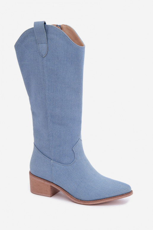 Dames cowboy-stijl kniehoge laarzen met hak van denim Zareya