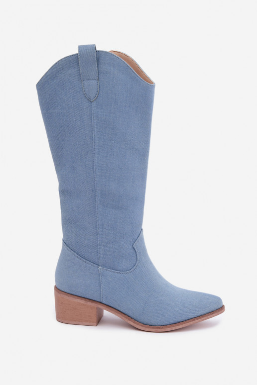 Dames cowboy-stijl kniehoge laarzen met hak van denim Zareya