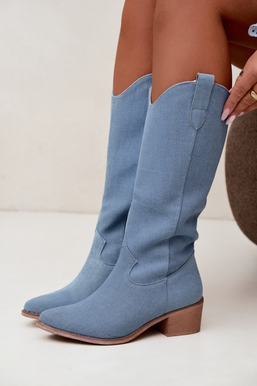 Dames cowboy-stijl kniehoge laarzen met hak van denim Zareya