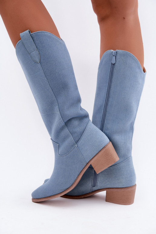 Dames cowboy-stijl kniehoge laarzen met hak van denim Zareya