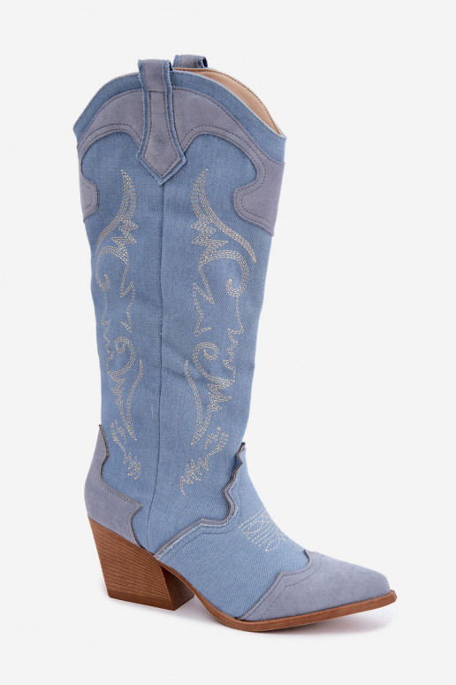 Dames cowboy-stijl kniehoge laarzen met hak van denim Talora
