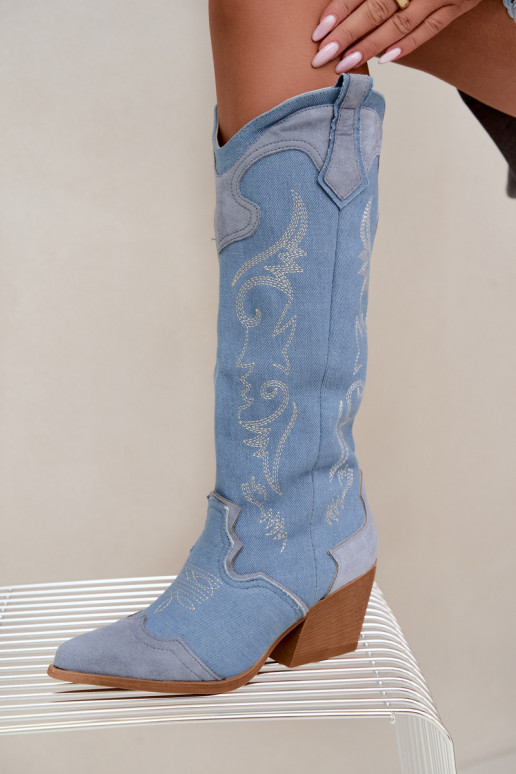 Dames cowboy-stijl kniehoge laarzen met hak van denim Talora
