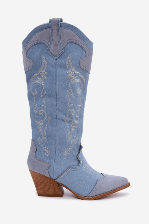 Dames cowboy-stijl kniehoge laarzen met hak van denim Talora