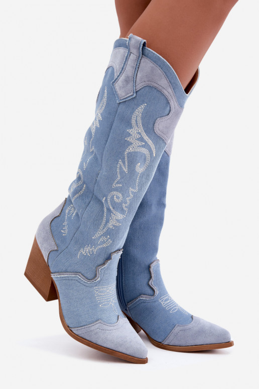Dames cowboy-stijl kniehoge laarzen met hak van denim Talora