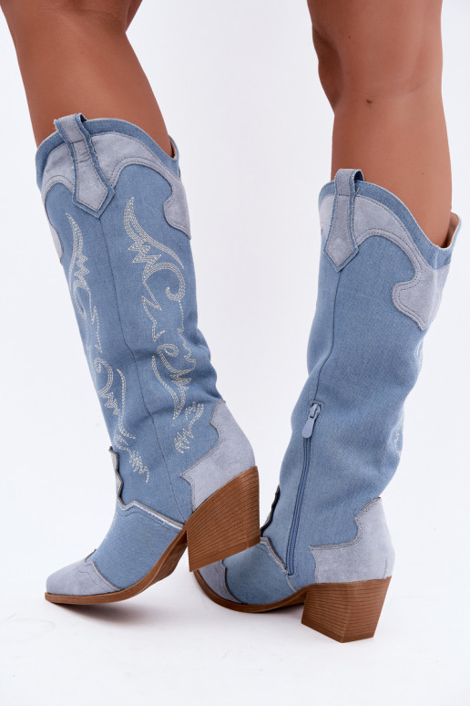 Dames cowboy-stijl kniehoge laarzen met hak van denim Talora