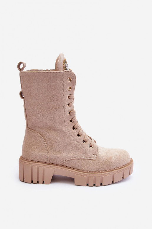 Sandkleurige faux suede enkellaarsjes met versieringen Tai turirx