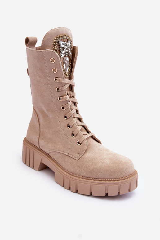 Sandkleurige faux suede enkellaarsjes met versieringen Tai turirx