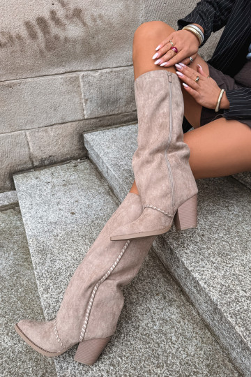 Dames cowboy-stijl lange laarzen met blokhak zandkleurig Noeline 2