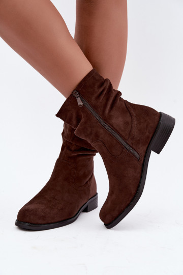 Geïsoleerde enkellaarsjes met ruches en brede hakken S.Barski HY62-8102 in chocolade kleur 2