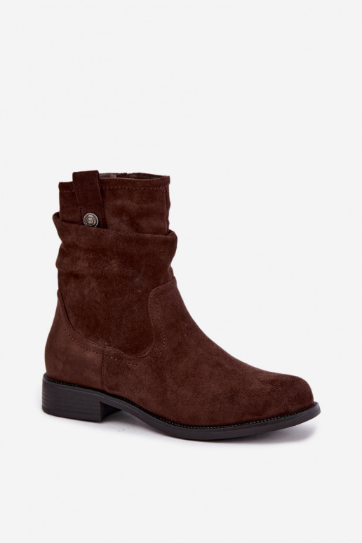 Geïsoleerde enkellaarsjes met ruches en brede hakken S.Barski HY62-8102 in chocolade kleur