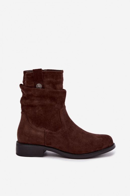 Geïsoleerde enkellaarsjes met ruches en brede hakken S.Barski HY62-8102 in chocolade kleur